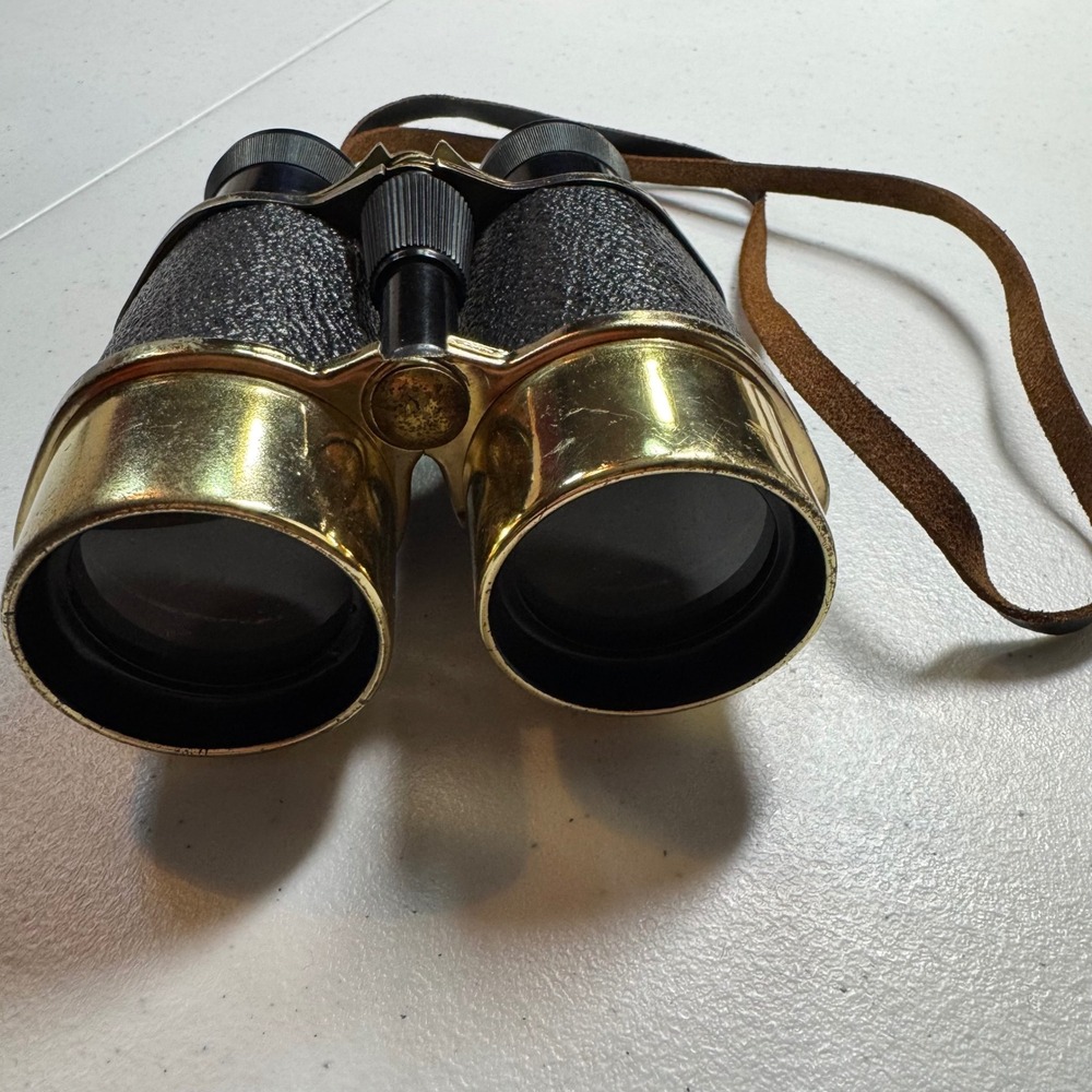 Vintage Brass Leather Binoculars 4x40 Japan Opera Glasses Theater Sports Gold